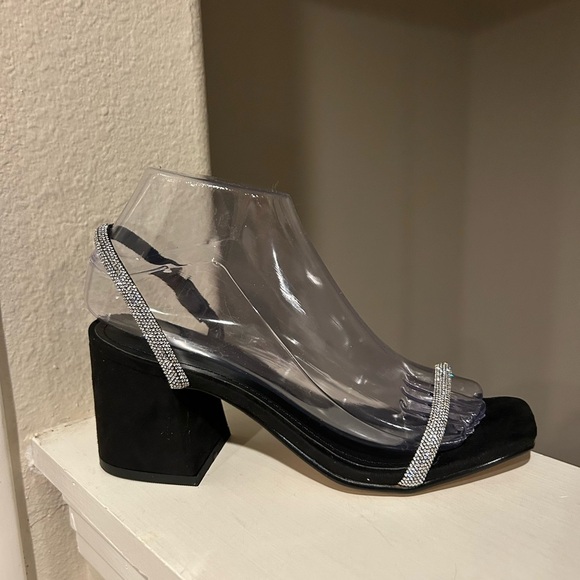 Lisa Vicky Mood Microsuede Block Heel Slide Sandal Black Rhinestone Strap Sz 6.5 - Picture 2 of 10
